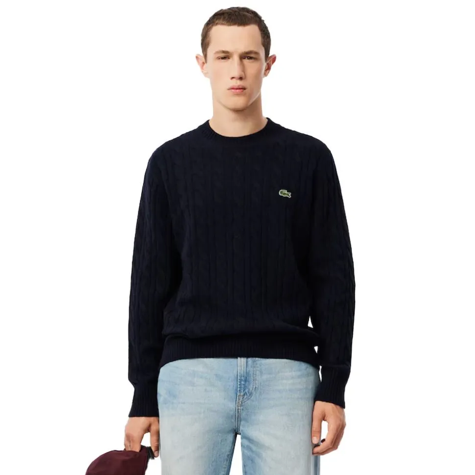 Cable Knit Carded Wool Crew Neck Sweater Herr