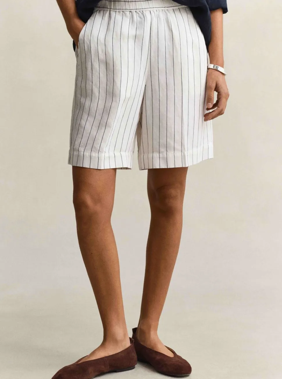 STRIPED LINEN BLEND PULL ON SHORTS DAM